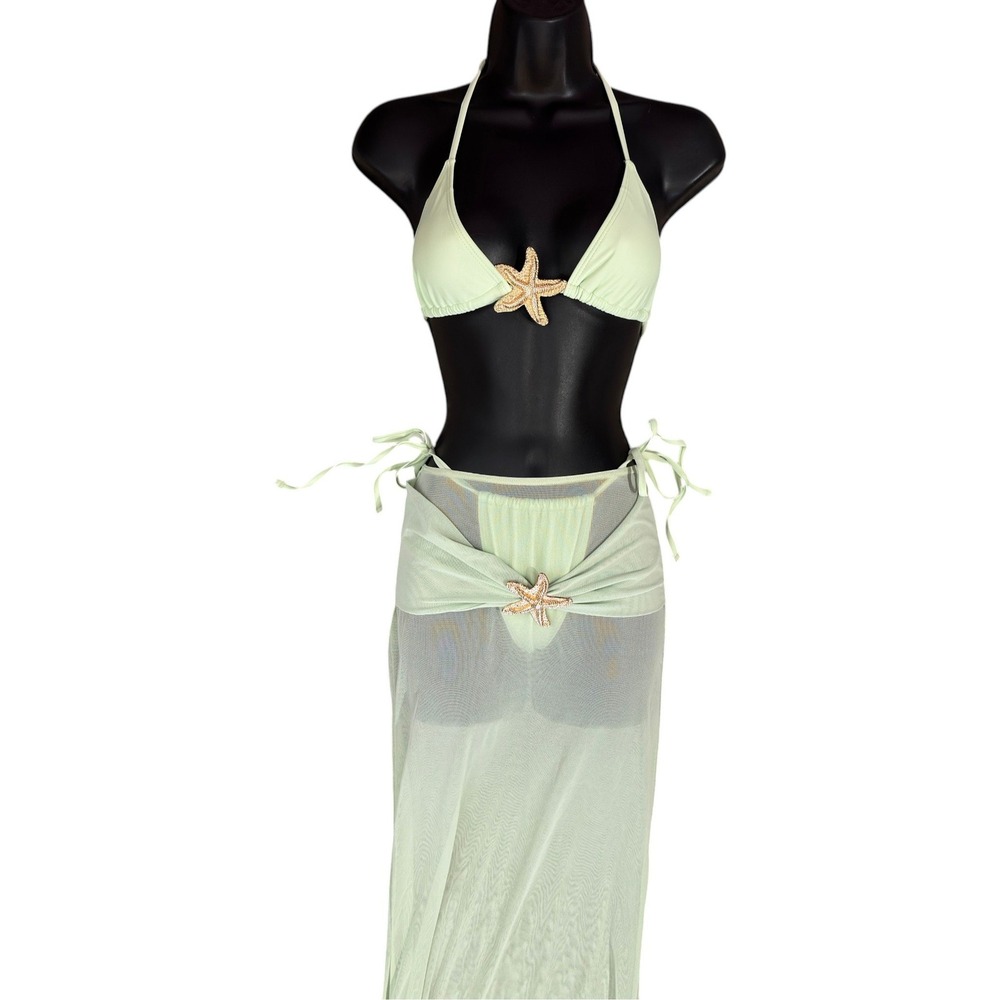 New XS Mint Green Starfish Rhinestone 3-Piece Bikini and Mesh Sarong Set